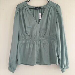 New Gap Puff Sleeve Peplum Blouse, Sage, Size Large